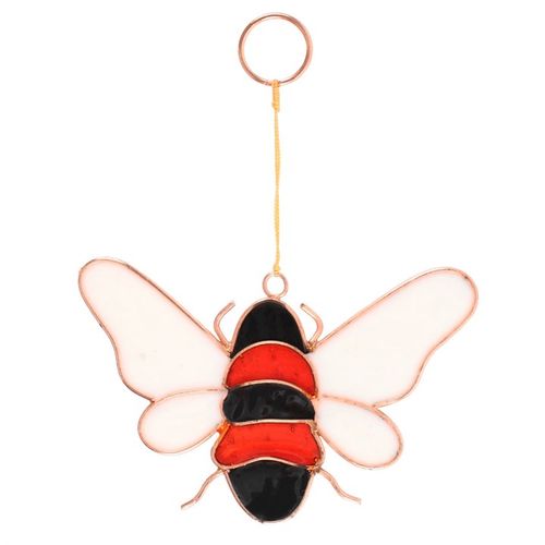 Hanging bee suncatcher with vibrant colors reflecting sunlight.