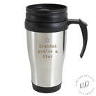 Insulated travel mug with custom engraved message below star graphic