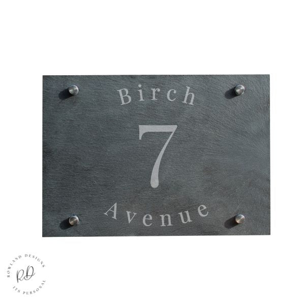 Modern slate house door sign with personalised details