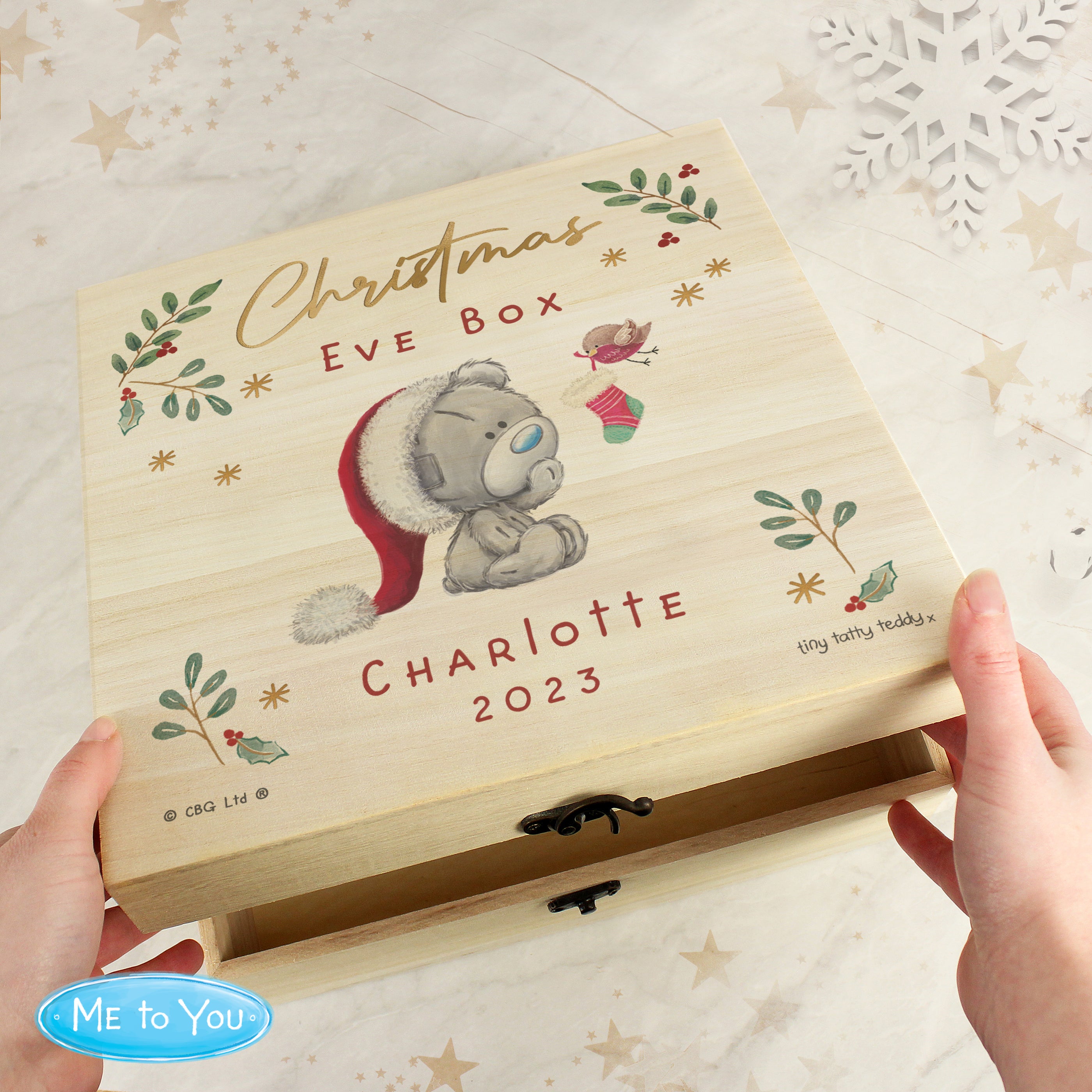 Natural Wood Christmas Eve Box Tiny Tatty Teddy Metal Clasp Hinges