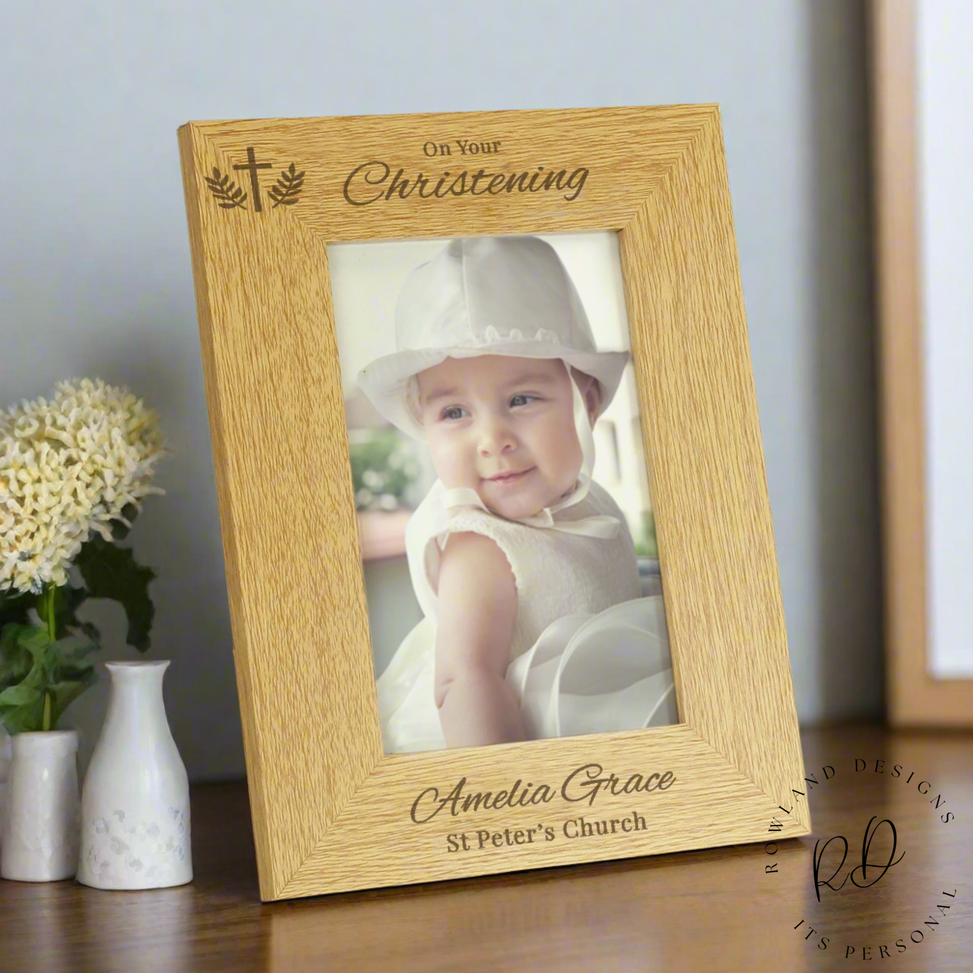 Oak veneer photo frame for christening gift

