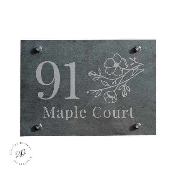 Outdoor floral slate house number sign with engraving