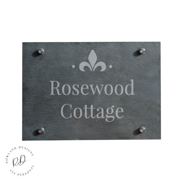 Outdoor ornate slate house sign with personalised details