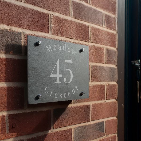 Durable outdoor slate house door sign with engraving