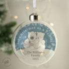 Close-up of the personalised text on the glass bauble showing all 3 lines of customisation.