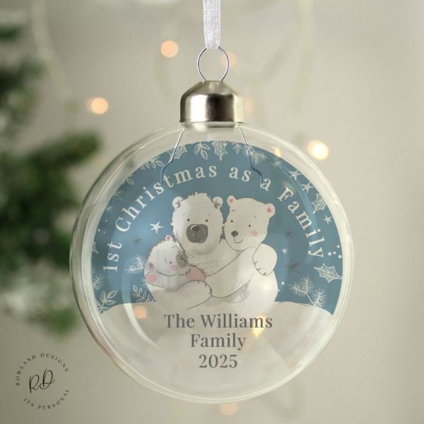 Close-up of the personalised text on the glass bauble showing all 3 lines of customisation.