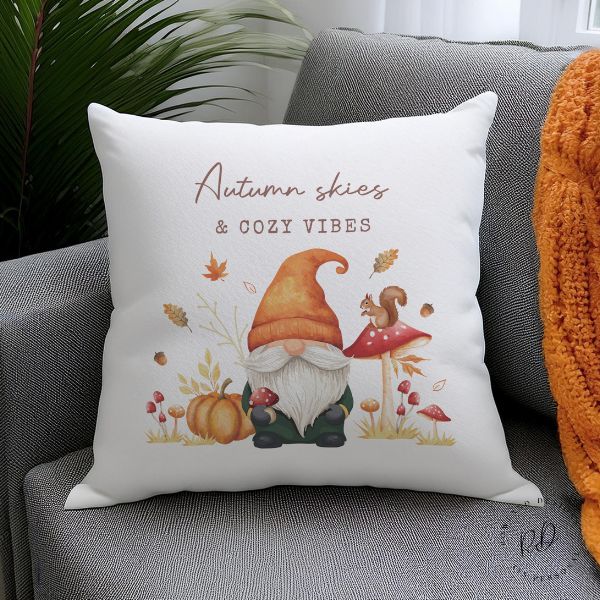 Personalised Autumn Gonk Cushion – front view, cosy seasonal home décor gift