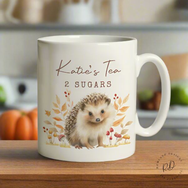Personalised autumn hedgehog coffee mug with custom name and message, perfect gift for animal lovers and cosy mornings