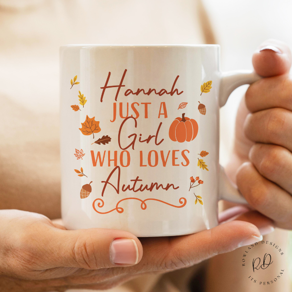 Personalised autumn mug with Just a Girl Who Loves Autumn phrase, durable ceramic mug for cozy fall mornings