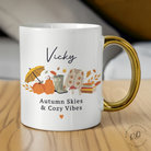 Personalised autumn tea cup with gold handle and custom name
