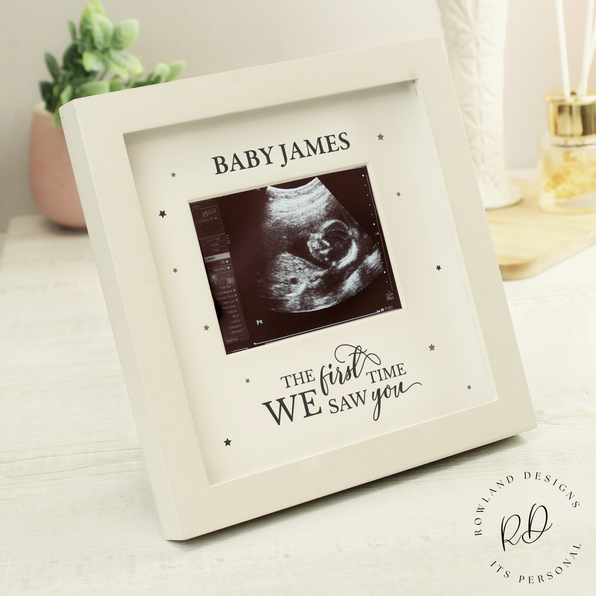 Personalised baby scan frame holding ultrasound photo