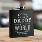 Personalised black stainless steel hip flask front view with custom engraving.