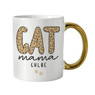 White mug with gold handle featuring 'Cat Mama Chloe' text and leopard print design.