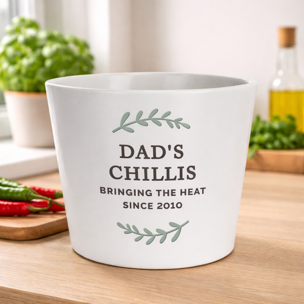 Personalised Dad’s Chillis plant pot with custom text