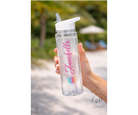 Clear water bottle with pink name and rainbow dream catcher design held by a hand outdoors.