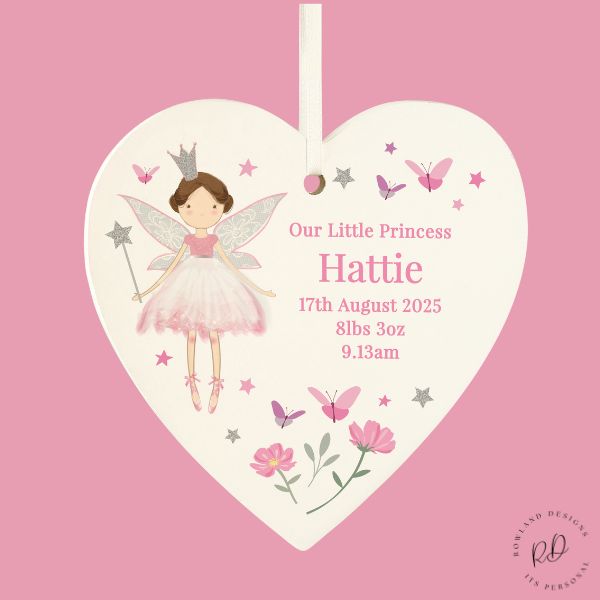 Personalised wooden fairy princess heart ornament with ribbon
