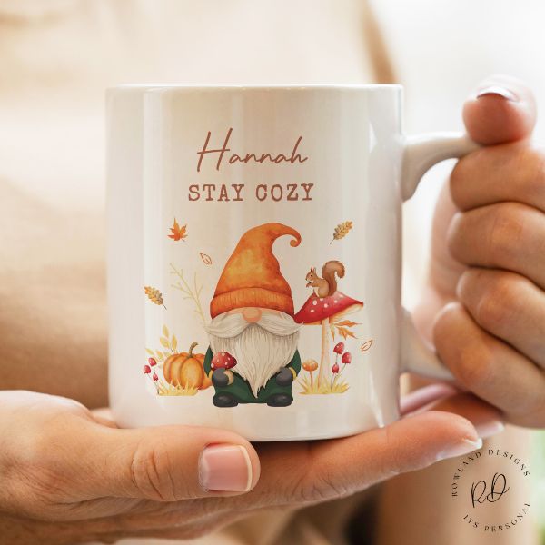 Personalised fall tea cup with adorable autumn gonk design and custom message, ceramic mug gift for cozy seasonal moments