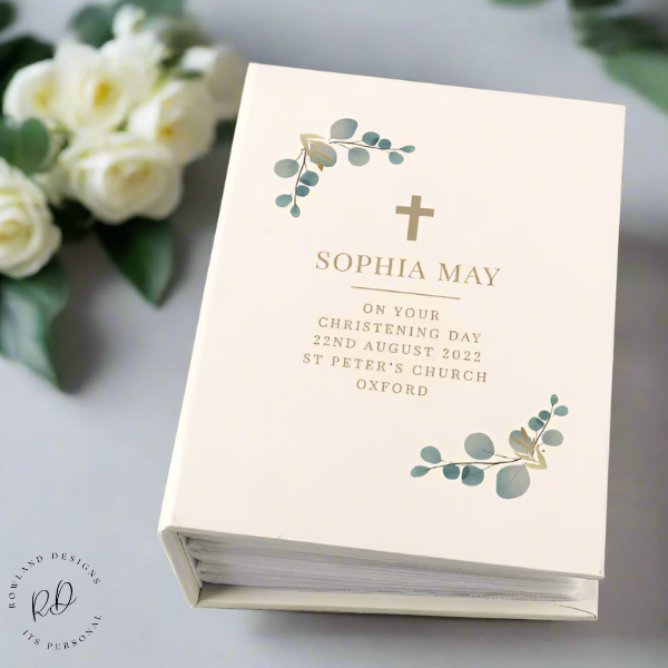 Personalised floral cross 6x4 photo album with sleeves, custom text cover, perfect Christening, Baptism, and Holy Communion keepsake