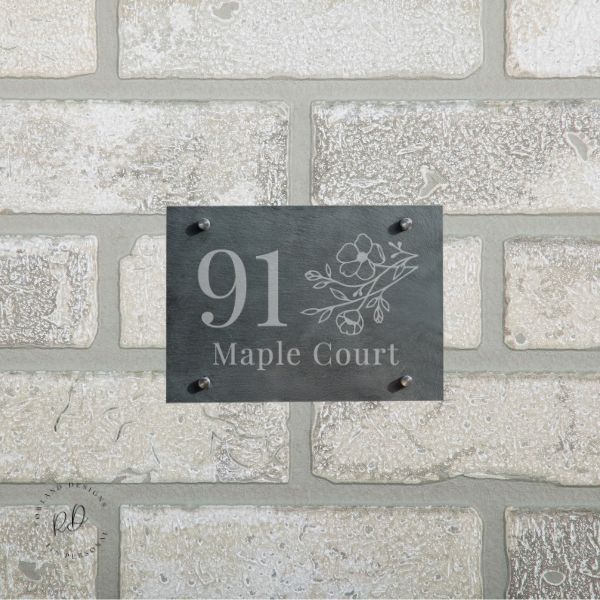 Personalised floral slate house number sign with custom text