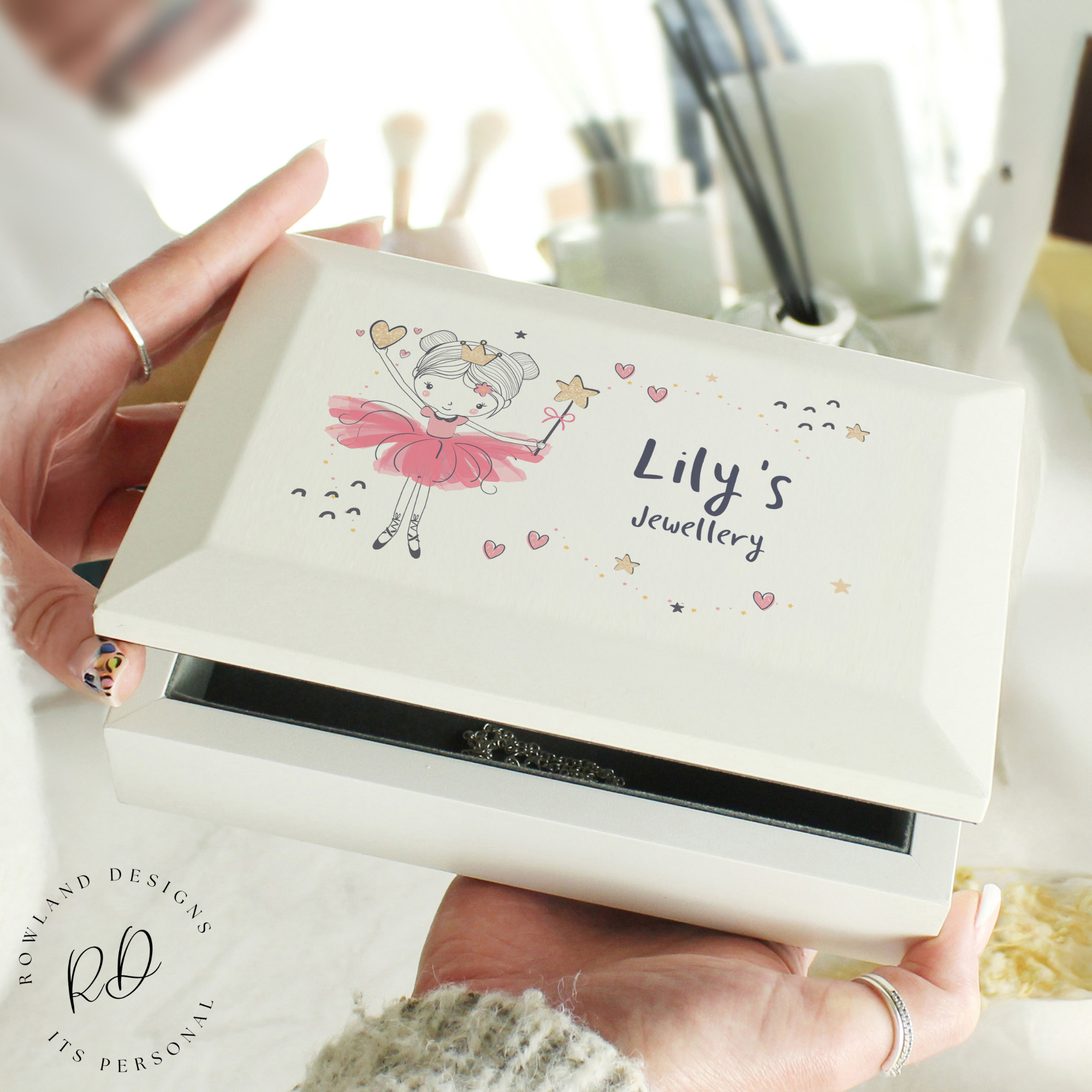 Personalised wooden jewellery box with ballerina design