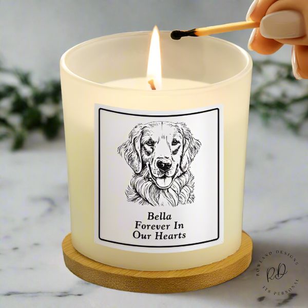 Personalised glass dog memorial candle with custom breed illustration and text, vanilla scented gift for dog lovers