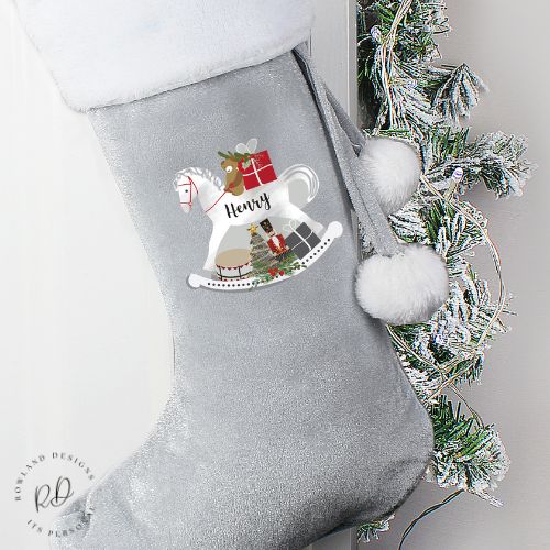 Personalised Silver Grey Velvet Christmas Stocking with Rocking Horse Design