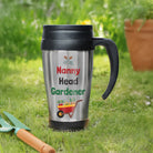 Travel mug with 'Nanny Head Gardener' text and gardening-themed design on grass