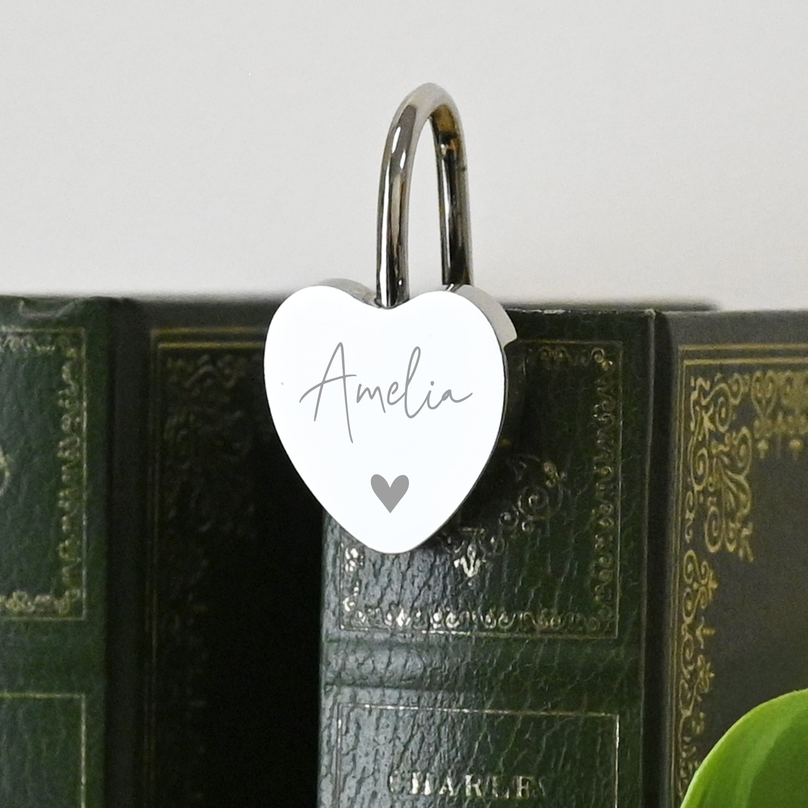 Close-up of name engraving on personalised heart bookmark UK