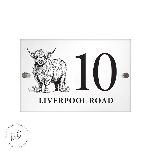Personalised Highland Cow acrylic house sign with custom number and text