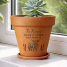 Personalised Highland Cow terracotta plant pot engraved with custom text