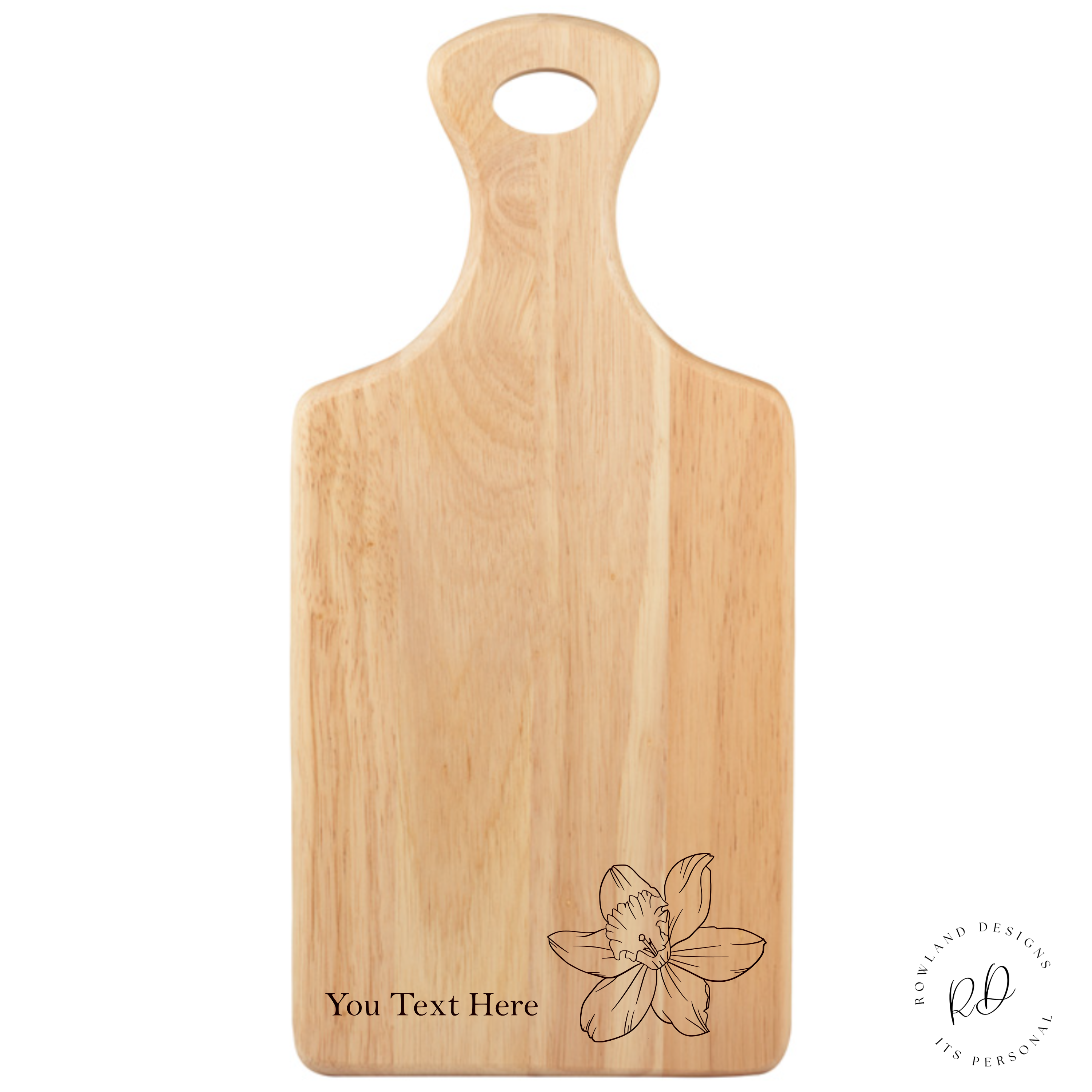 Personalised kitchen chopping board with engraved daffodil design and custom name
