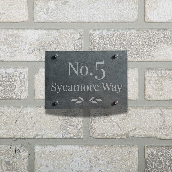 Personalised leaf slate house address number sign with custom text