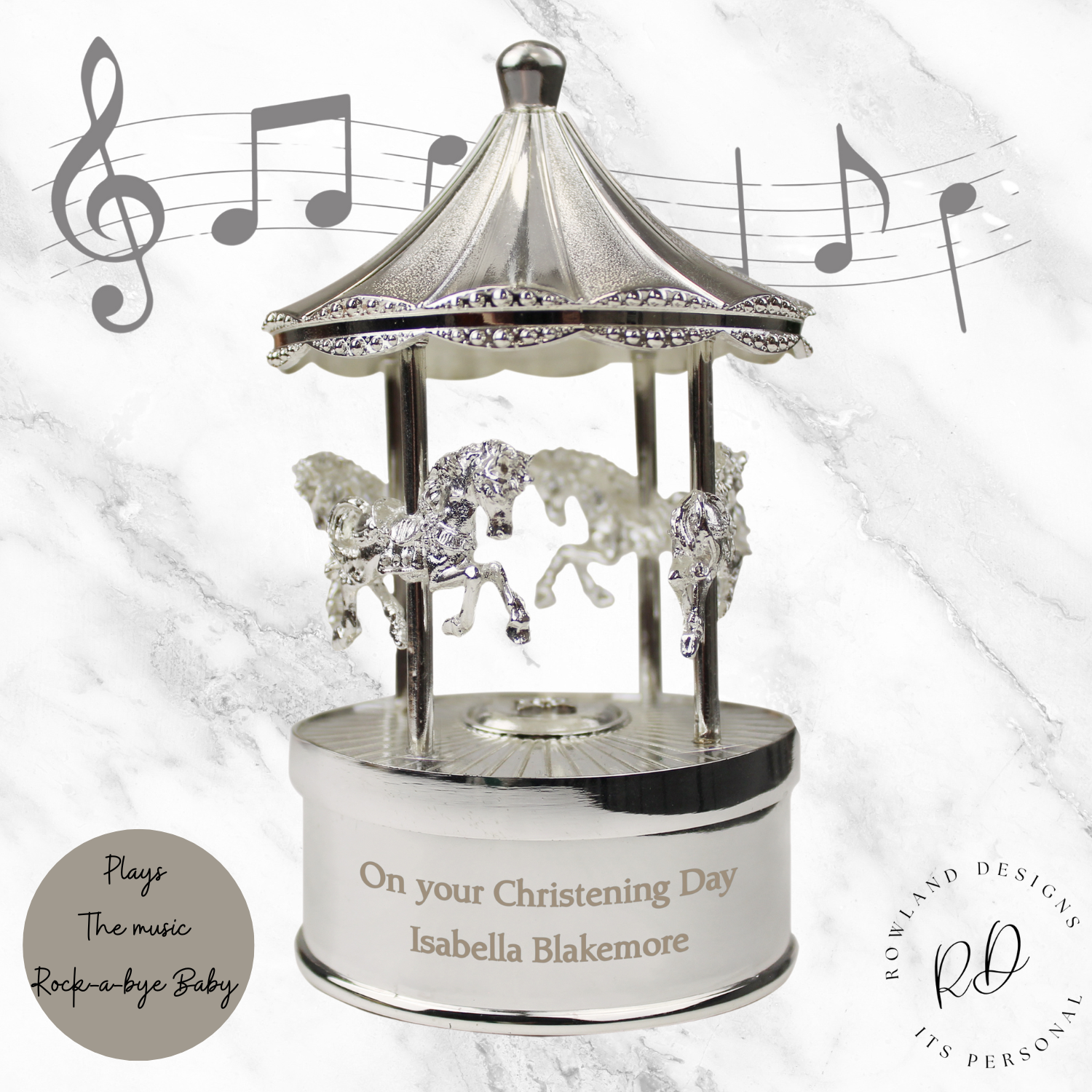 Personalised silver musical carousel ornament for newborn baby gift

