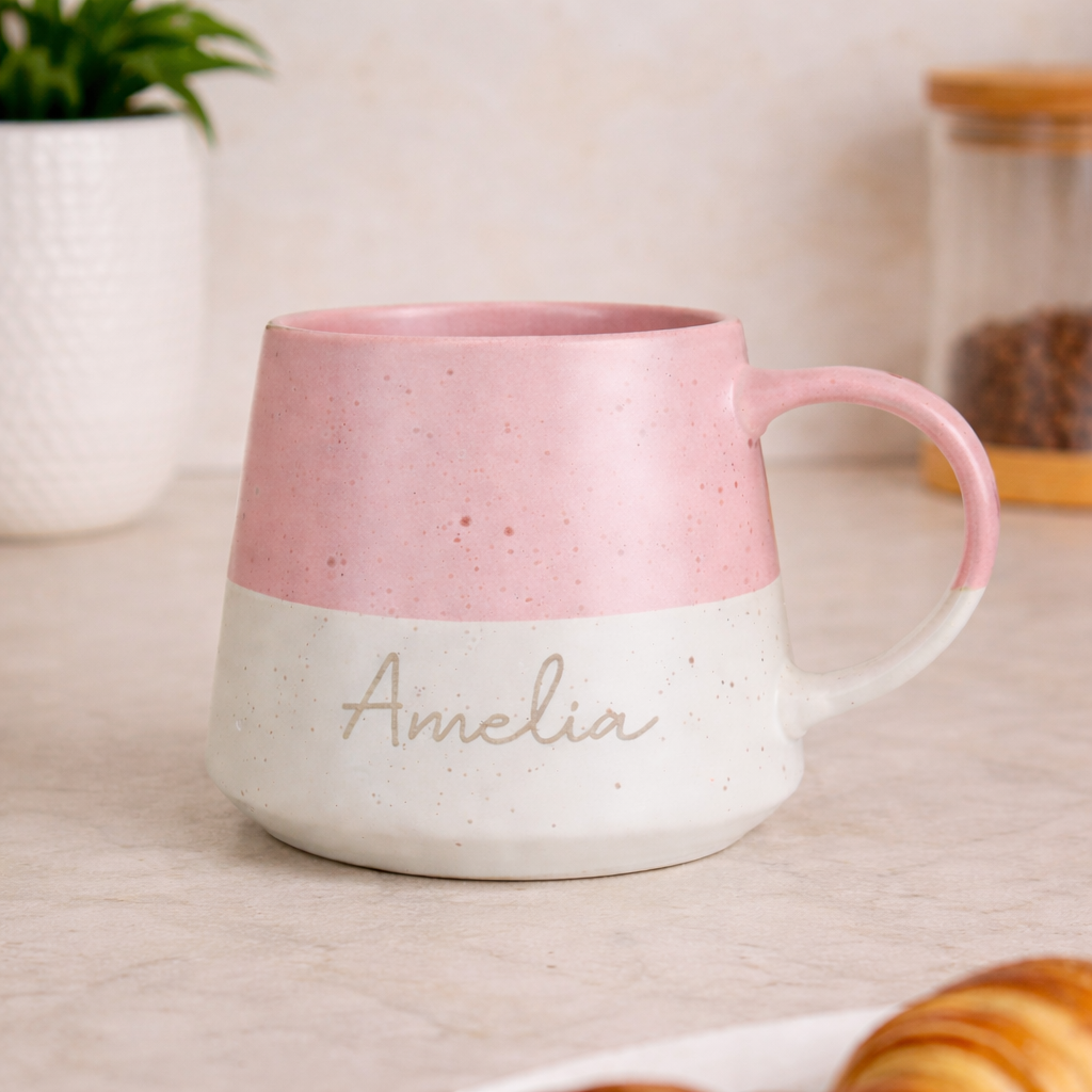 Personalised pink speckled ceramic mug with custom name in silver script
