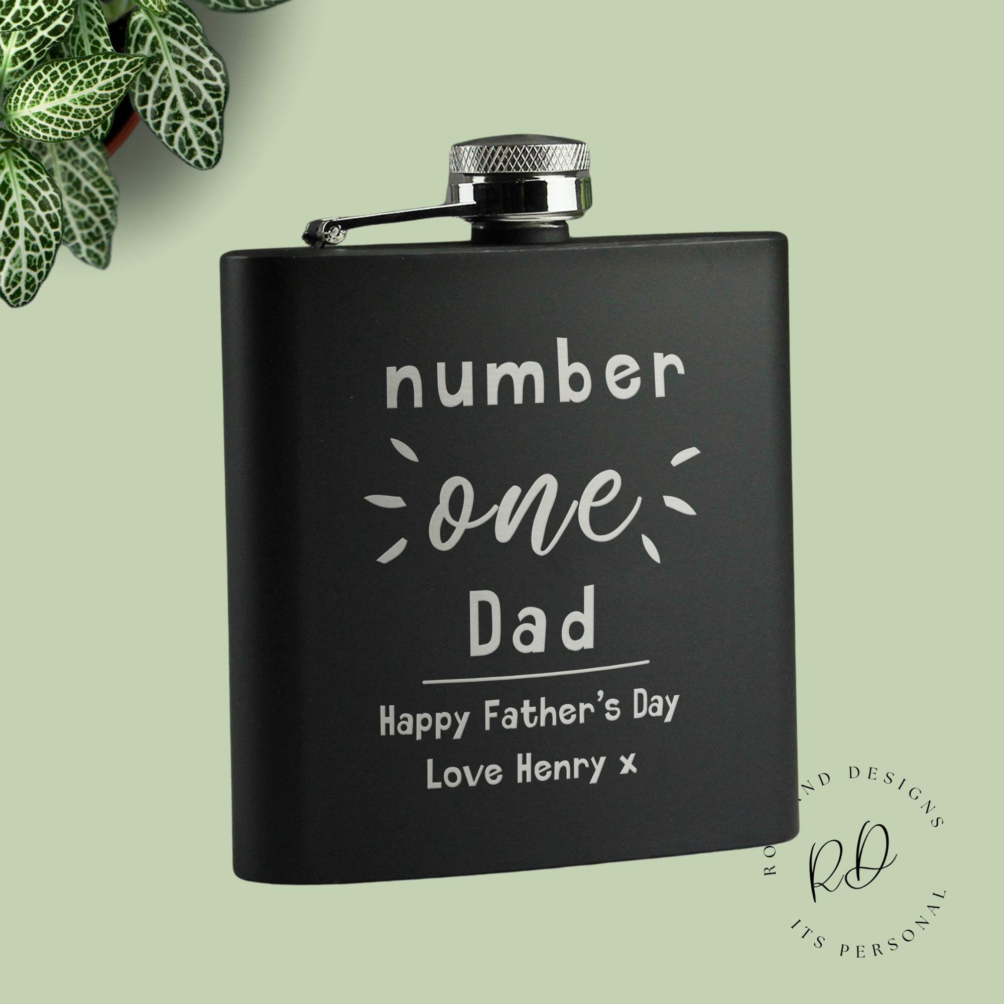 Custom engraved black hip flask with "Number One" 