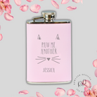 Engraved pink hip flask with "Paw Me Another" text.