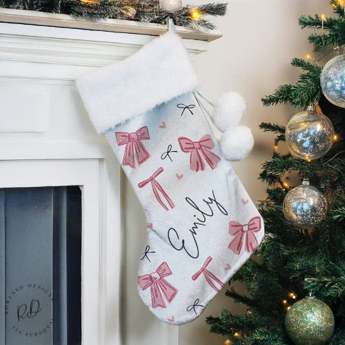 Personalised Pink Bow Print Velvet Christmas Stocking