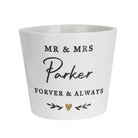 White mug with 'MR & MRS Parker Forver & Always' text on a white background