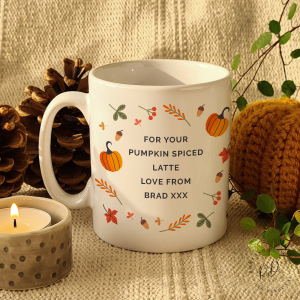 Back view of personalised pumpkin mug showing custom message in uppercase
