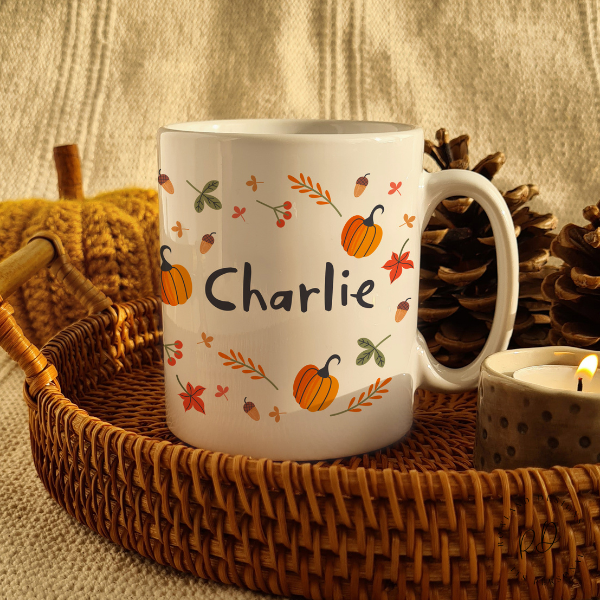 Personalised pumpkin mug with custom name on front for Halloween