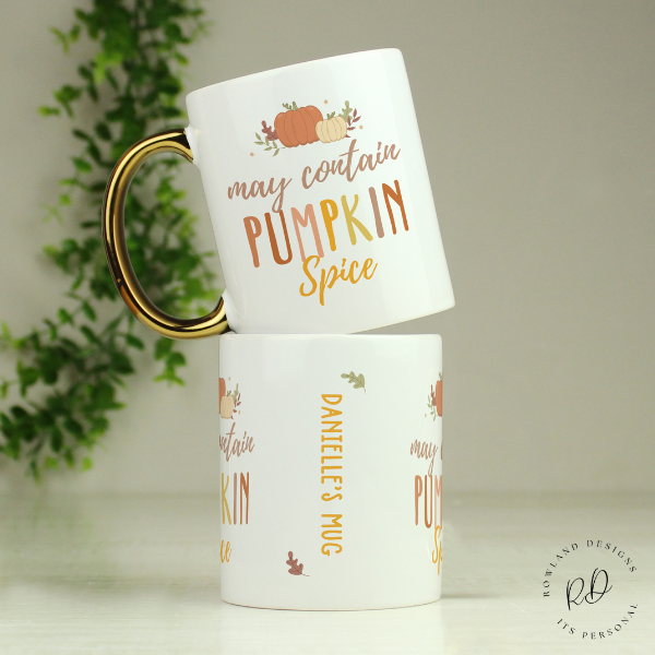 Front view of personalised pumpkin spice gold handle coffee mug halloween
