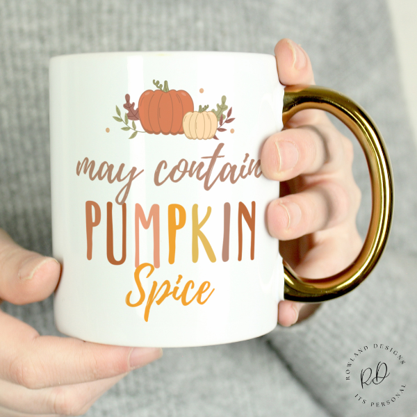 Autumn themed lifestyle photo with personalised pumpkin spice coffee mug halloween