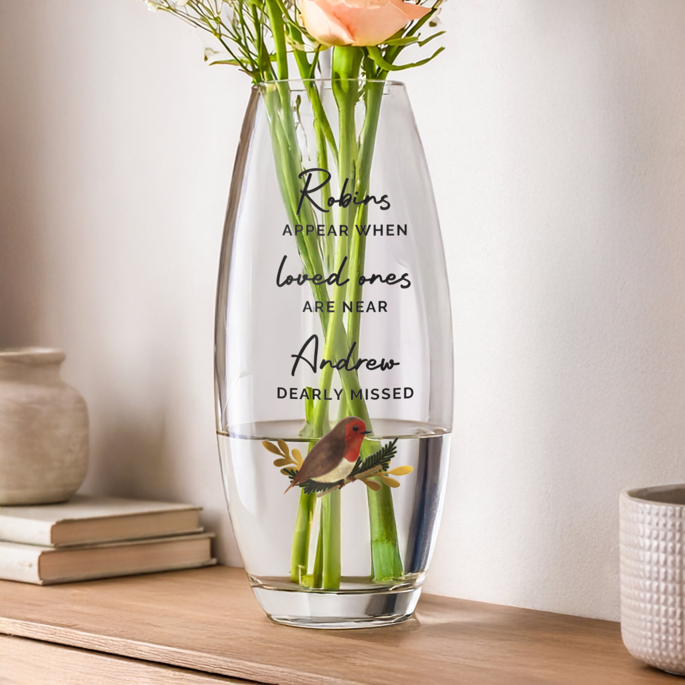 Personalised Robins Appear bullet vase memorial keepsake with custom text