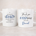 Personalised step dad ceramic mugs showing thank you messages on the front and back designs