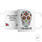 Halloween and birthday personalised sugar skull ceramic mug