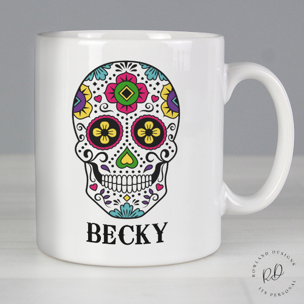 Personalised sugar skull mug with custom name on front