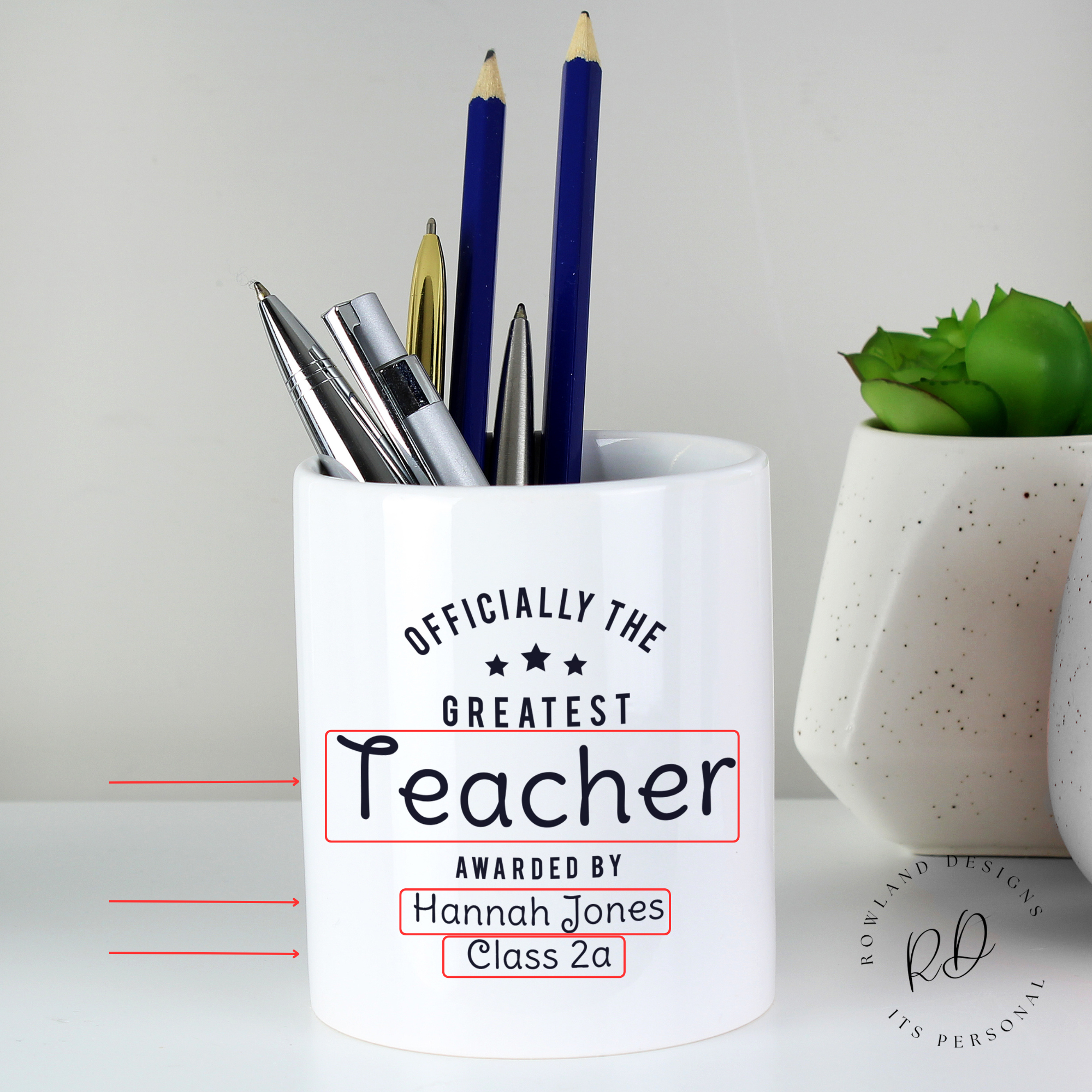 Front view of personalised ceramic pot gift for teachers