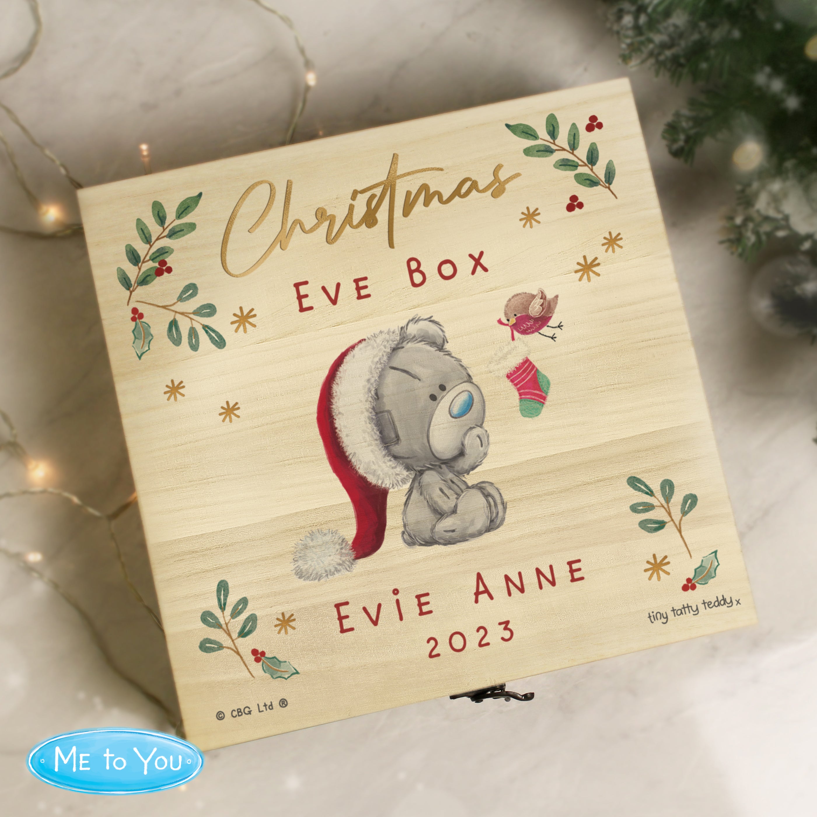 Personalised Tiny Tatty Teddy Wooden Christmas Eve Box Name and Year