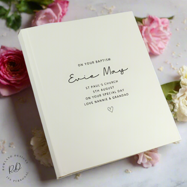 Personalised traditional Christening photo album with custom text, satin finish, elegant keepsake for Baptism and baby memories