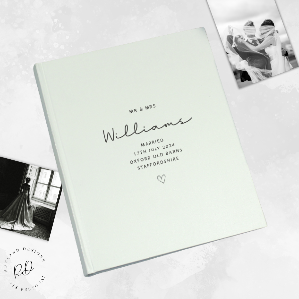 Personalised traditional wedding photo album with custom text, satin finish, elegant keepsake for weddings and anniversaries